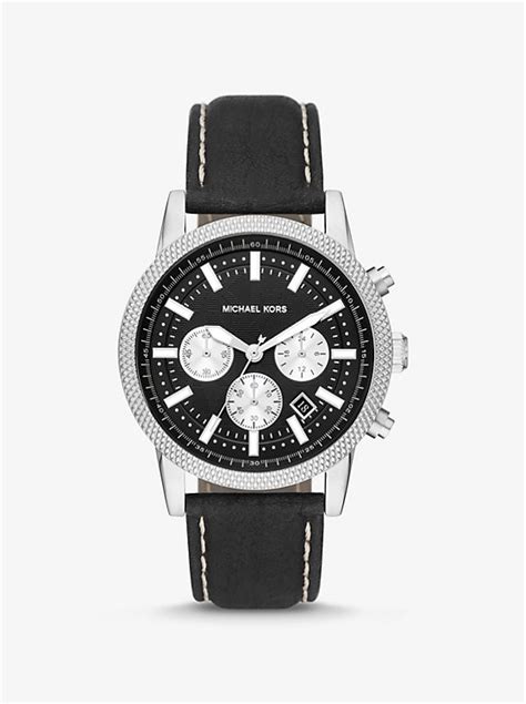 michael kors oversized hutton silver-tone and leather watch|Michael Kors Watches for Men .